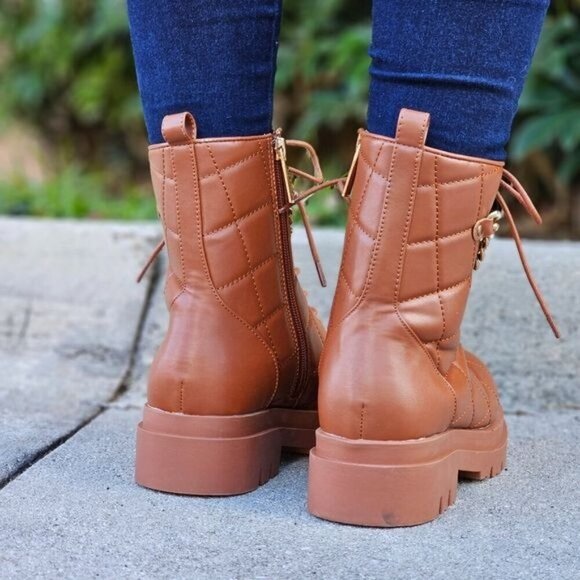 Womens Chunky Block Heel Ankle Combat Boots Brown Color - Picture 5 of 6